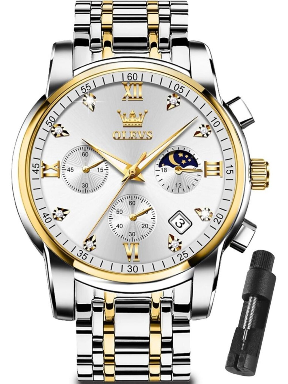 Men's Silver/White Luxury Stainless Steel Waterproof Analog Dress Wrist Watch
